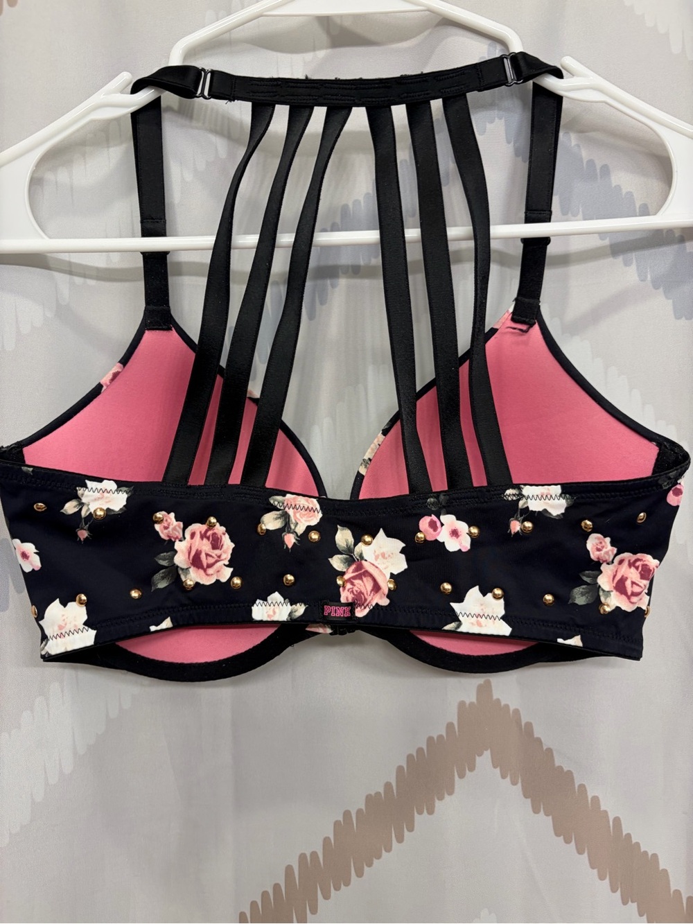Floral Strappy Back Push-Up Bra - Black with Pink Roses - Picture 4 of 5